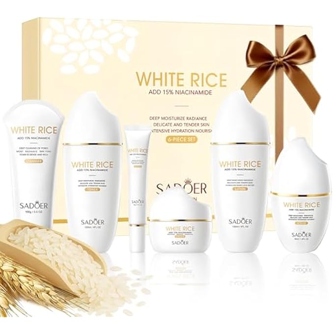 STRBOXONG FOR SADOER RICE NIACINAMIDE SKINCARE SET - 6 PIECE FIRMING SKINCARE KIT WITH CLEANSER, TONER, LOTION, EYE CREAM, FACE CREAM & SERUM FOR DAILY FACIAL CARE - Image 1
